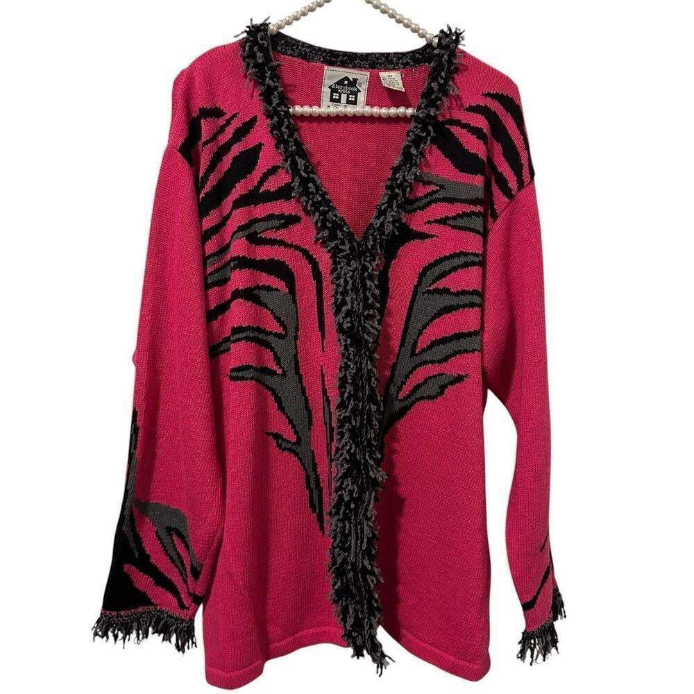 Vintage HSN 1990's Storybook Knits 2X Sweater Cardigan Zebra Pink Artsy Animal